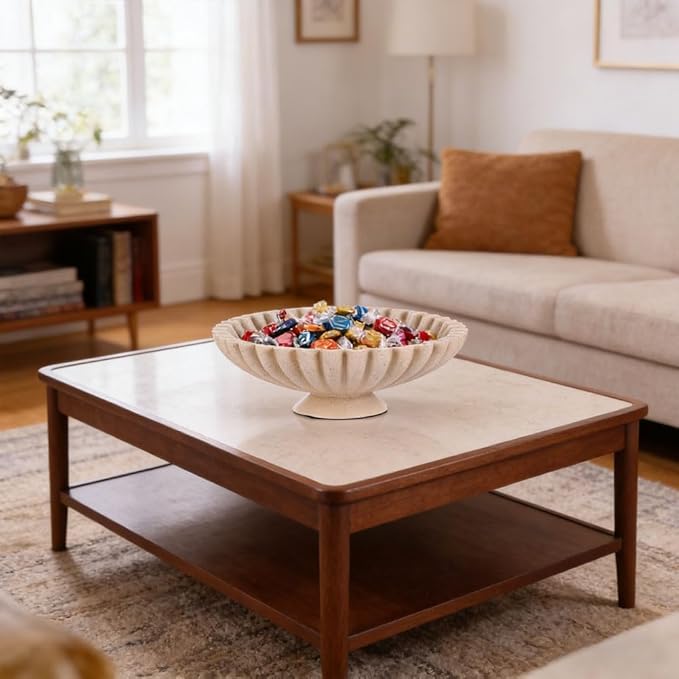 QIANLING Large Beige Decorative Pedestal Bowl - Modern Resin Handcrafted Decorative Fruit & Key Bowl for Home Decor, Entry Table, Kitchen Counter, Coffee Table, Side Table, Living Room Accent