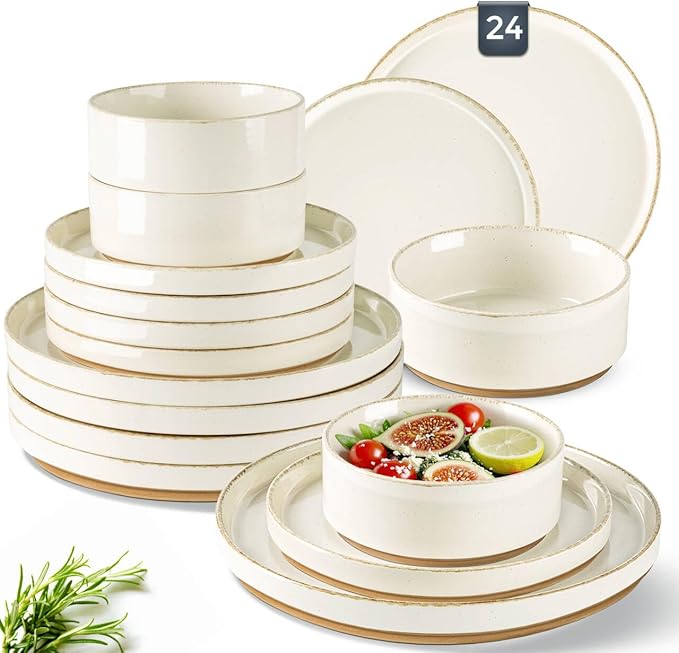 AmorArc Ceramic Dinnerware Sets for 8, 24 Pieces Handpainted Plates and Bowls Set with Rustic Terracotta Underside, Scratch Resistant Stoneware Dishes Set, Dishwasher & Microwave Safe
