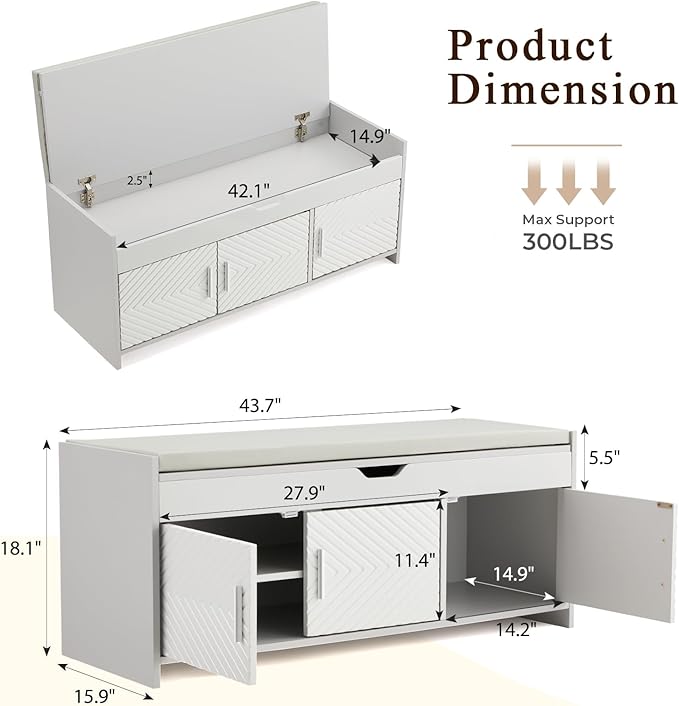 ECOTOUGE Storage Bench, Shoe Bench with Lift Top Storage, Entryway Bench with Cushioned Seat, Adjustable Shelf for Living Room, Bedroom, Hallway, Light Grey