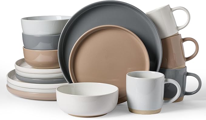 Famiware Milkyway Stoneware Dinnerware Sets with Mugs, Service for 4 (16pcs), Plates and Bowls Sets, Scratch Resistant, Microwave and Dishwasher Safe Dishes Set, Multi-color