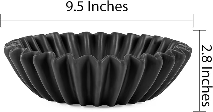 Large Ceramic Fruit Bowl Black Decorative Bowl for Coffee Table Entryway Kitchen Modern Home Decor Centerpiece 9.5 Inches Ruffle Fluted Scalloped Bowl