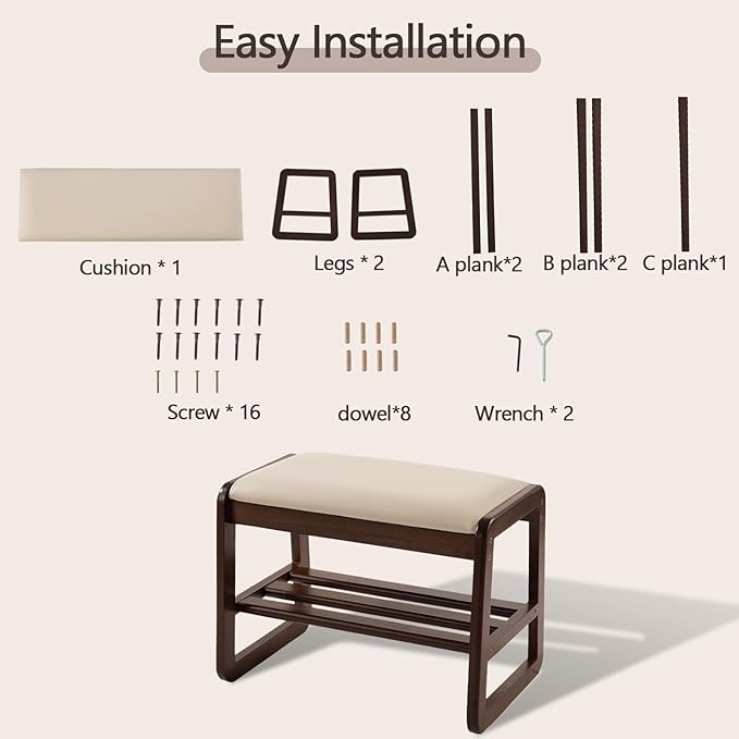 Achicsofar Small Shoe Rack Bench,2 Tier Solid Wooden Entryway Bench with Shoe Storage, Shoe Rack with Cushion for Living Room, Hallway(Pu Beige, 21.6")