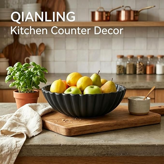 QIANLING Resin Large Black Decorative Bowl for Home Decor - Black Ruffle Fruit Bowl for Kitchen Counter Entryway or Coffee Table or Table Decor - Centerpiece Bowls for Keys, Fruit, Candy