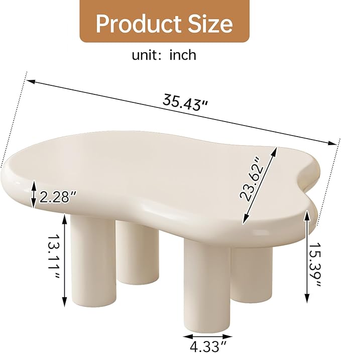 35.43" White Cloud Coffee Table, Modern Round Edge Coffee Table with 4 Sturdy Support Legs and 2.28" Thick Tabletop,Easy Match for Living Room, Bedroom, Balcony, Patio