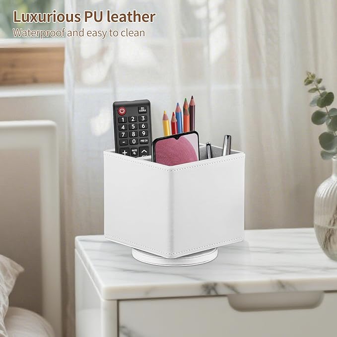 Remote Control Holder PU Leather TV Remote Caddy for Table,360 Swivel Nightstand Organizer for Bedroom Accessories/Bedside Remotes/Media Controllers/Office Supplies,Home Decorations for Living Room