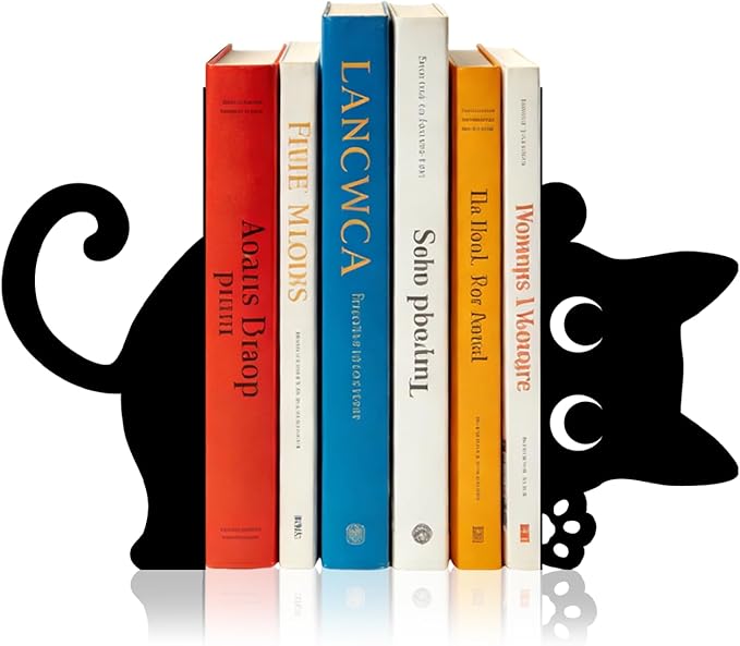 Sanwarm Metal Bookends Funny Black Cat Book Ends Decorative Bookend for Home Office Library Desk Book Shelves Decor, Gift for Reading Enthusiasts Non-Skid Book Stoppers Holder (1 Pair)