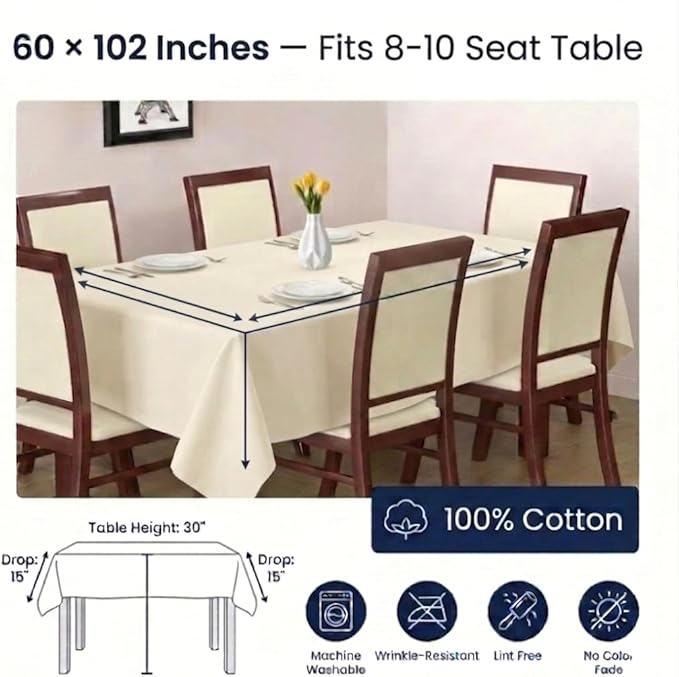 Urban Villa Table Cloth Ivory Kitchen Dining Tabletop Cover 100% Cotton 60x102 Inches Rectangle Tablecloth Washable Reusable Durable Ideal for Hotel Restaurant Farmhouse Wedding Holiday Dinner Parties