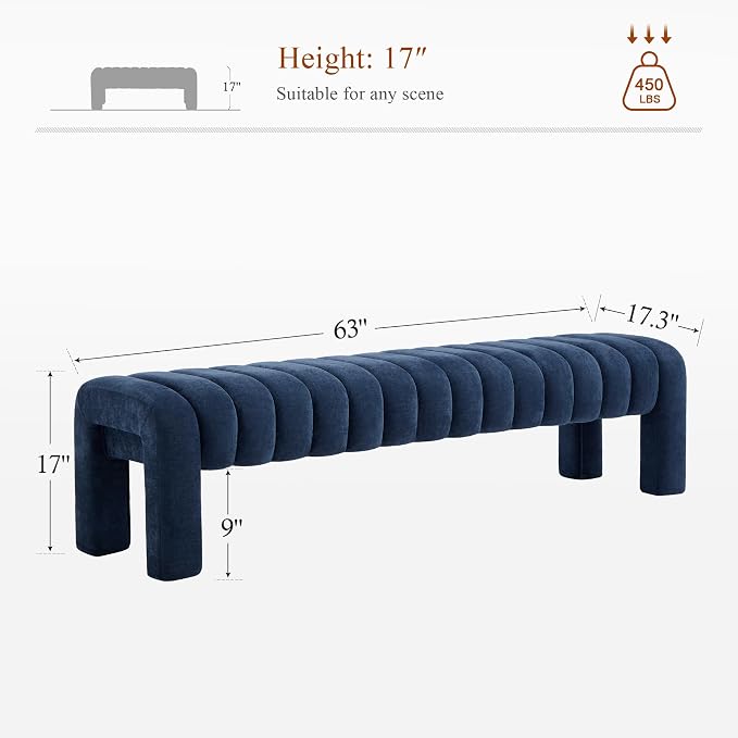 63’’ Bedroom Bench, Upholstered End of Bed Bench with Solid Wood Legs, Modern Long Dining Bench with Full Covered Fabrics for Entryway, Bedroom, Living Room (Blue, Chenille)
