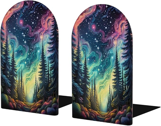 Galaxy Color Forest Nebula 2Pcs Book Ends for Shelves Non-Skid Wood Bookends Decorative Back to School Books Holders Book Stoppers Bookshelf Accessories for Desk Home Office School Decor (1 Pair)