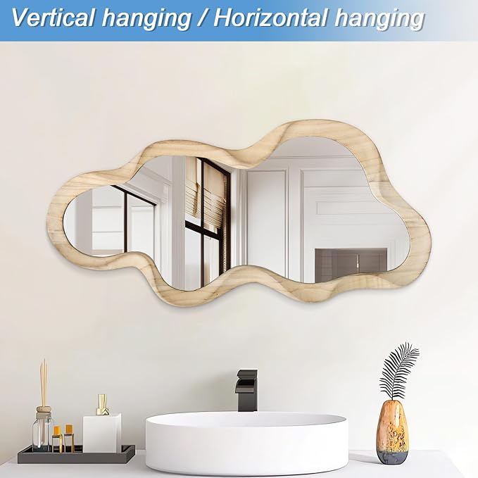 Large Asymmetrical Mirror Irregular Modern Cloud Wall Mirror Wood Frame Unique Shape Artistic Wall Mounted Vanity Mirror Decorative for Living Room Bedroom Bathroom Entryway Hallway
