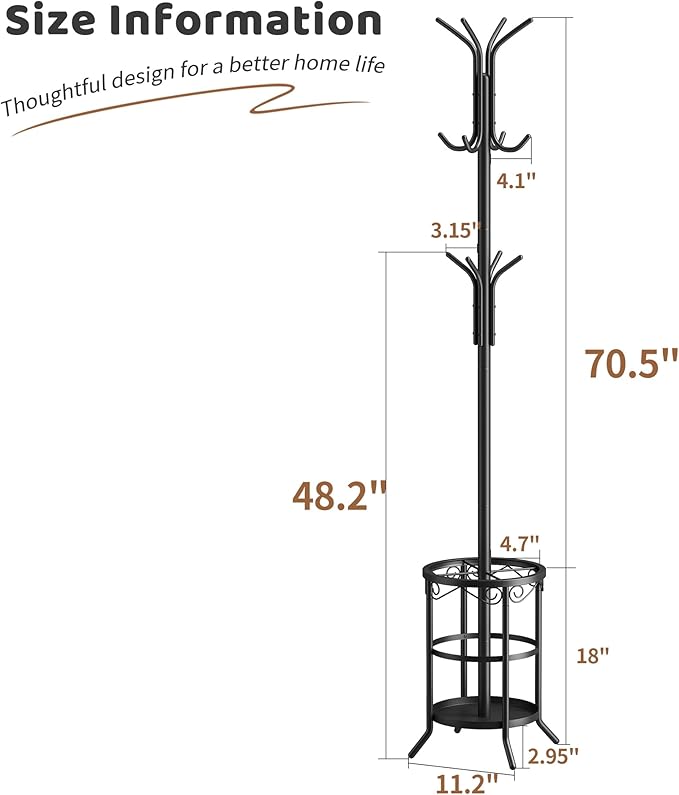Coat Rack Freestanding with Umbrella Stand Coat Rack Stand with 12 Hooks Metal Coat Tree Coat and Hat Hanger Jacket Entryway(Black)