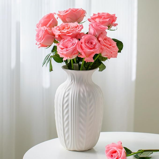 Lvases Matte White Ceramic Flower Vase, 10 Inch Unique Wheat Ear Textured Modern Large Vases for Trendy Home Decor Living Room Entryway Shelf Office Rustic Table Centerpiece (Matte White)