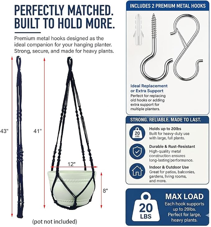 Bouqlife 43 Inches Macrame Plant Hanger Large for 14 inch Pot Extra Long No Tassel Cotton Rope Hanging Plant Holder with Hooks Bohemian Home Décor Black 2Pack