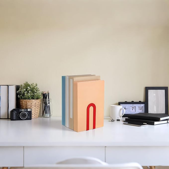 Chunful 12 Pcs Modern Metal Book Ends for Shelves Decorative Small Bookends Book Shelf Organizer Minimalist Design Stopper to Hold Books for Home Office (Red,5.5 * 3.75 * 2.25inch)