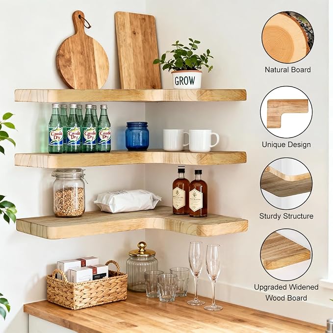 Floating Corner Shelves, Wall Shelf Set of 3, Shelves for Wall Storage, Solid Wood Shelves for Storage, Wall Mount Wooden Display Shelf for Bathroom Bedroom Kitchen Garage (Light 3Pcs)