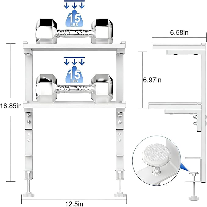 2-Tier Desk Shelf, Expandable Under Desk Storage, Clamp on Desk Shelf, Desktop Accessories for Offices, Study Rooms, and Game Rooms (White)