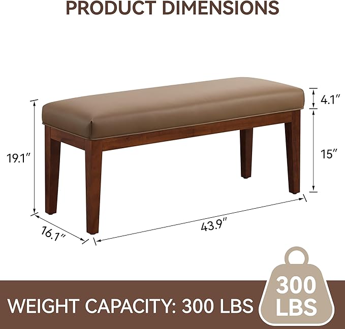 WUTUTUEE 43.5'' Faux Leather Bedroom Bench, Upholstered End of Bed Bench, Padded Vintage Dining Bench, Entryway Bench with Solid Wood Legs, Kitchen, Living Room, Hallway, Brown