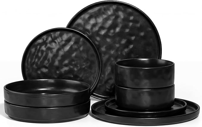 E-far 8-Piece Black Plates and Bowls Sets with Pasta Bowls - Stoneware Dinnerware Set for 2, Modern Ribbed Matte Black Kitchen Dishes, Microwave & Dishwasher Safe