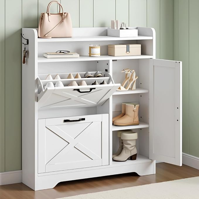 HOOBRO Slim Shoe Cabinet with 2 Flip Drawers & Side Storage, Narrow Shoe Storage Cabinet for Entryway, Wooden Shoe Organizer for Small Spaces, Adjustable Shelves, White WT90SC01US