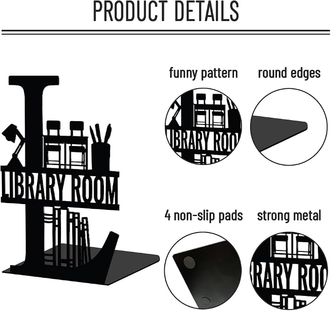 WADORN Library Room Metal Decorative Bookend for Shelves, Heavy Duty Book Ends for Heavy Books, Non-Skid Books Holder Stand for Desk, Book Support Stopper for Bookshelf Office Home, 5.3x4.3x7.9 Inch