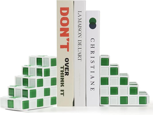 Decorative Bookends for Shelves - Stair Book Ends for Heavy Books - Unique Book Stopper & Holder for Shelves - Modern Home Decor Aesthetic Bookshelf Decor (Green & White)