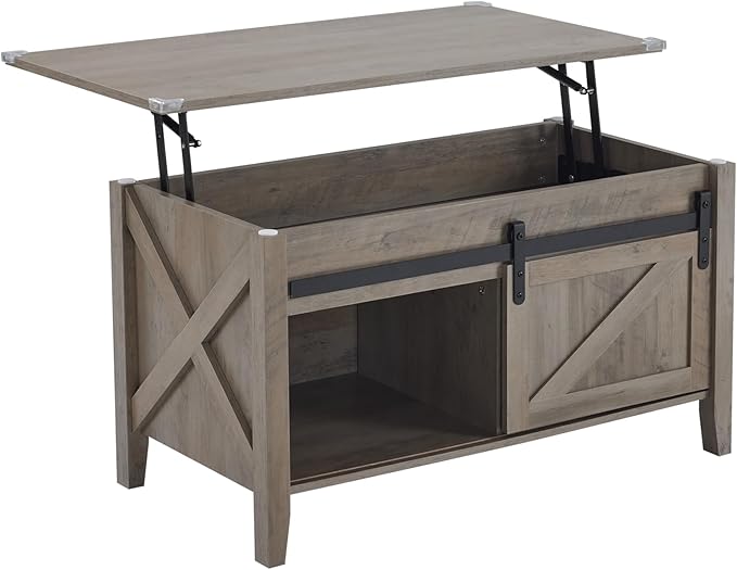 VINGLI Farmhouse Lift Top Coffee Table, Rustic Grey with Storage Shelf/Hidden Compartment, Mesa De Centro para Sala, Rustic Brown (Grey, 36" L)
