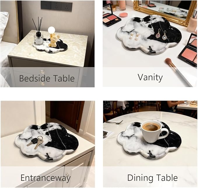 Natural Marble Tray Cloud Shape Vanity Trays, Jewelry Trays Holder Dish for Bathroom Countertop Home Decor Gift Black-White
