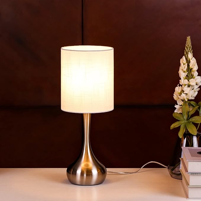 KUNJOULAM Modern Table Lamp, 17.3" Small Desk Light with Silver Metal Droplet Base, White Cylinder Linen Drum Shade, Nightstand Lamp for Bedroom Living Room Nightstand Office