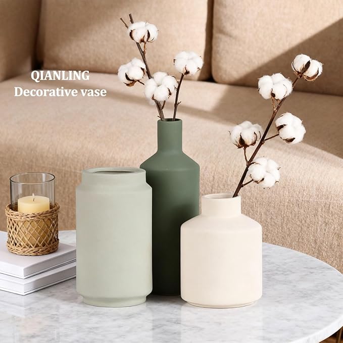 Ceramic Vase Set of 3 - Modern Neutral Vases Home Decor, Minimalism Decorative Vases, Boho Decor Small Flower Vase for Shelf, Dining Table Entryway Mantel Centerpiece Bookshelf Living Room Bathroom