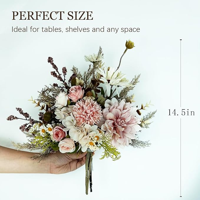Faux Dahlia Flowers with Vase, Artificial Flowers Arrangement in Glass Vase Faux Rose for Decoration Table Centerpiece (Dahlia Pink)
