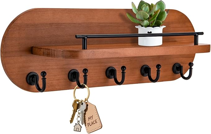 SANY DAYO HOME Key Holder Wall Mount Brown Wood Entryway Rack with 5 Gold Hooks, Metal Shelf Guardrail for Key Organizer, Living Room Decor (Oval, 14" x 5")