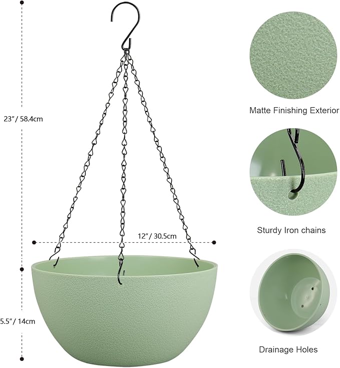 Meowell 12 inch Large Hanging Planters Plant Pots for Indoor Outdoor Plants, 2 Pack Hanging Flower Pots with Drainage Holes and Chain for Garden Porch, Plastic Hanging Baskets for House Plants, Green