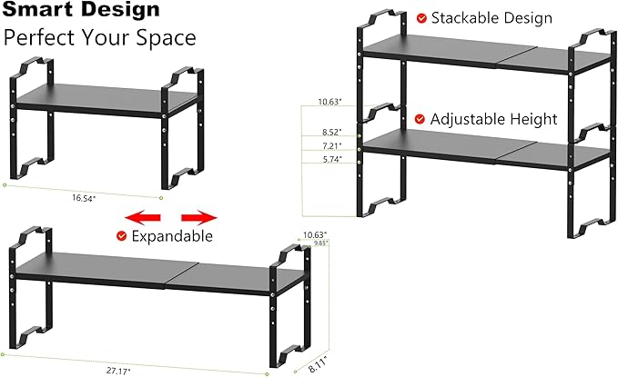 Jojocross Expandable Shelf for Cabinet Organizer Adjustable Stackable Spice Rack at Kitchen and Bathroom More, Counter Countertop Cupboard Organization Pantry Storage(MEDIUM/1PACK/BLACK)