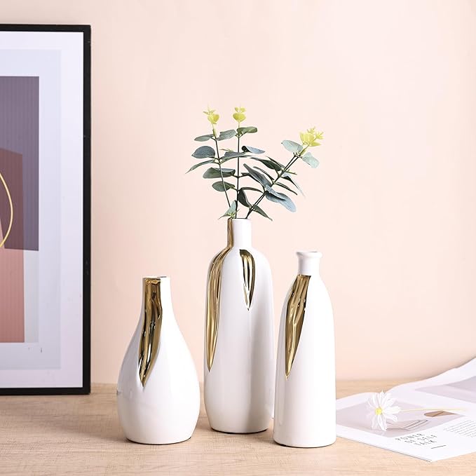 White and Gold Ceramic Vase Set of 3, Ceramic Vase Set for Decorative, White and Gold Single Stem Vases for Centerpieces Nightstand Kitchen, Boho Farmhouse Home Decoration
