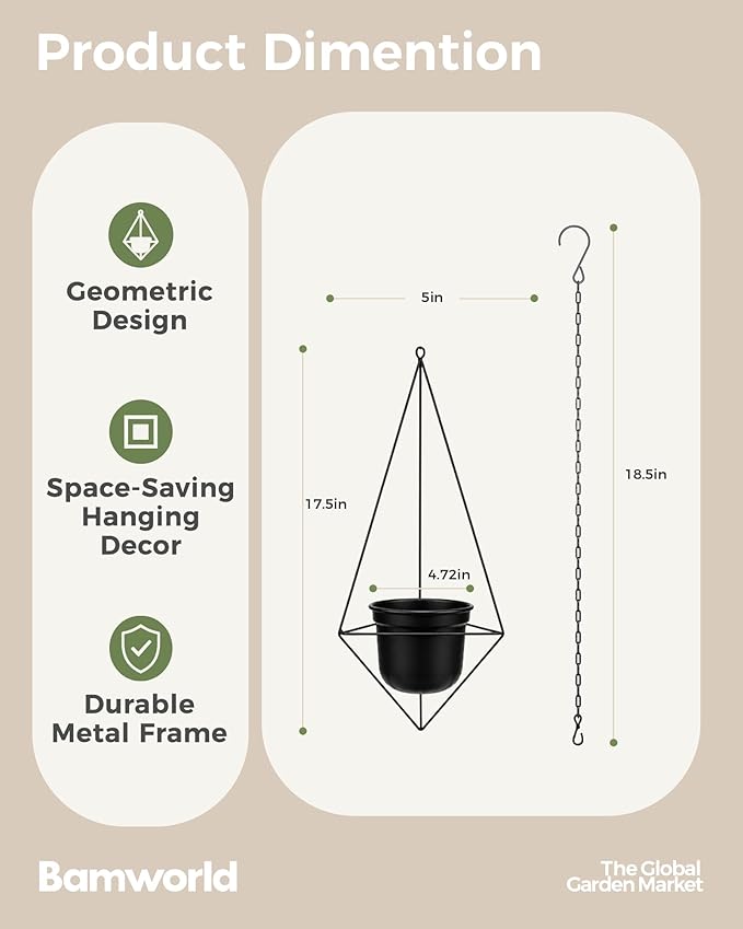 Bamworld Black Hanging Planters for Indoor Outdoor Plants Metal Hanging Pots for Plants 5 Inch Modern Hanging Basket Window Plant Hanger Ceiling Hanging Flower Pot with Chain for Wall Decor (Diamond)