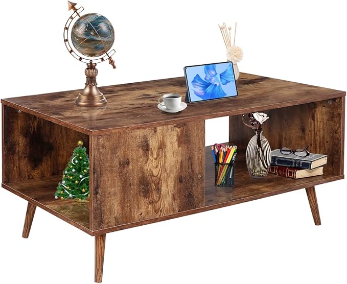 ZenStyle Mid Century Modern Coffee Table, Wooden Retro Coffee Table with Open Storage Shelf for Living Room, Reception, Easy Assembly (Brown)