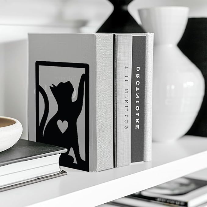 Peacoblue Metal Bookends for Shelves, Study Cast Iron Cute Cats Rustic Book Stoppers Support Holder Bookends Used on Desk, Shelf, Farmhouse Room for Small Heavy Duty Books 4.7"x3.5"x7", 1 Pair(Cats)