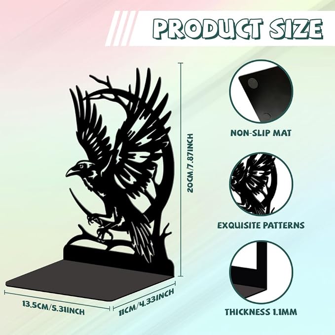 Peacoblue Metal Bookends for Shelves, Modern Decorative Heavy Duty Study Book Ends Stoppers for Office, Desk, Shelf, Room 5.3"x4.3"x7.9" Cast Iron Simple Tall Bookends 1 Pair (Moon and Crow)
