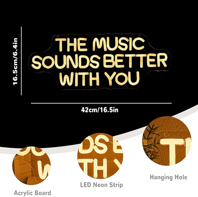 "The Music Sounds Better With You" Neon Sign for Wall Decor White Letter LED Sign for Bedroom Music Studio Record Shop Decoration