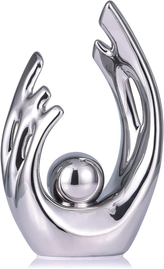 LCCCK 9.5" H Silver Aesthetic Room Decor Accent, TV Stand Funky Table Centerpiece, Abstract Art Ceramic Statue and Sculpture, Silver Decor for Living Room, Bookshelf Decorative Objects, Shelf