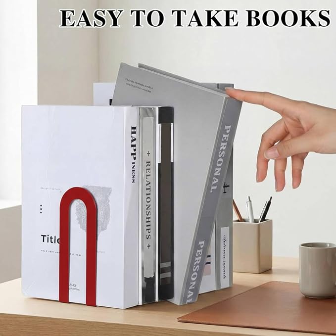 Chunful 6 Pcs Red Modern Metal Book Ends for Shelves Decorative Small Bookends Book Shelf Organizer Minimalist Design Stopper to Hold Books for Home Office (5.5 * 3.75 * 2.25inch)