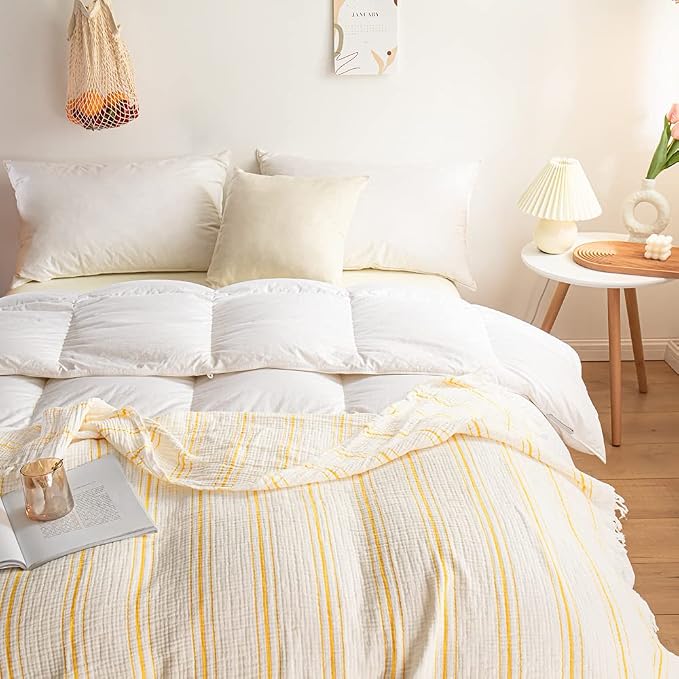 Simple&Opulence Yarn Dyed Striped Cotton Muslin Throw Blanket for Bed, Couch, Knit Woven Blanket with Tassels Soft Lightweight Cozy Pre-Washed Breathable Farmhouse Decoration for All-Season(Yellow)