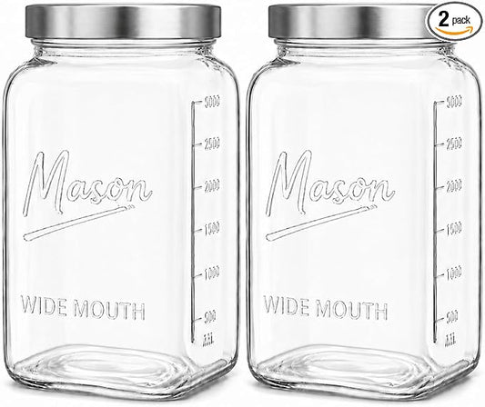 1 Gallon Glass Jars with Lids - Extra Large Mason Jars Wide Mouth with Airtight Metal Screw On Lids - Square Glass Storage Containers with Measurements for Flour, Sugar, Cookies & Pickling, 2 Pack