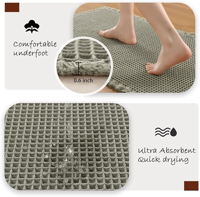 DWCN Waffle Bathroom Mat Set, Super Absorbent Non Slip Bath Rug Set for Bath Floor, Shower Mats 2 Pcs for Tub, Washable Kitchen Rugs for Farmhouse Boho Home Decor, 24"x16"Plus 32"x20", Olive Green
