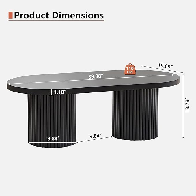 Small Fluted Coffee Table, Farmhouse Oval Wood Coffee Table Mid Century Modern Center Table Boho Living Room Tables for Living Room, Black