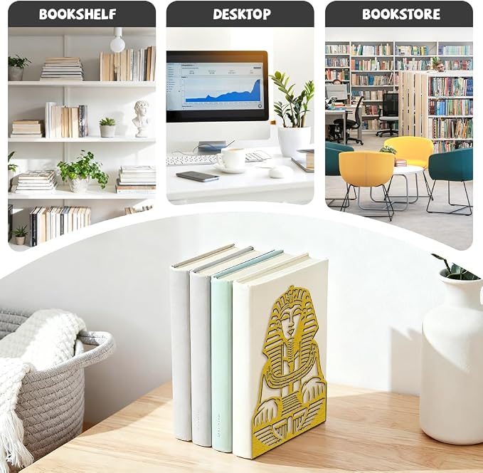 Peacoblue Metal Bookends for Shelves, Modern Decorative Heavy Duty Study Book Ends Stoppers for Office, Desk, Shelf, Room 5.3"x4.3"x7.9" Cast Iron Simple Tall Bookends 1 Pair (Golden Sphinx)