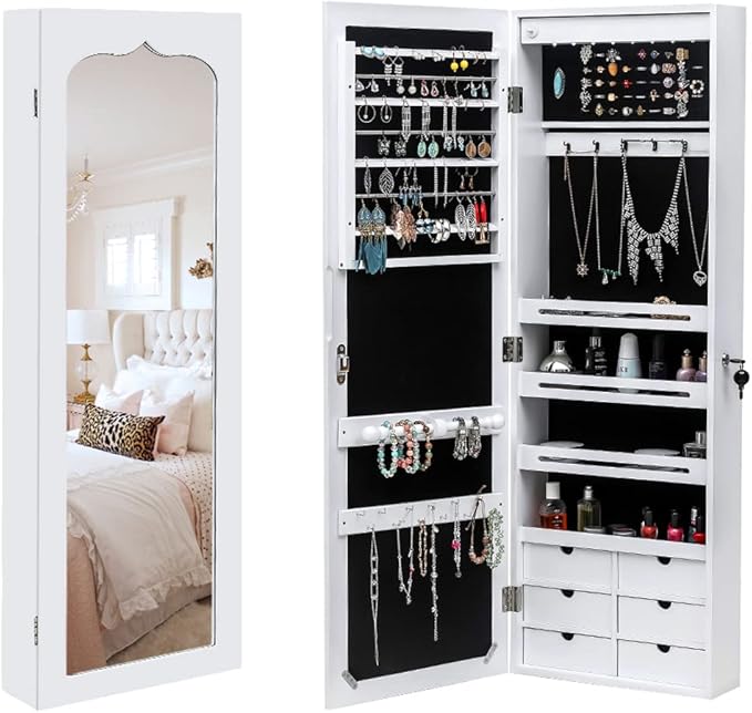 Full Length Mirror Jewelry Cabinet - 4-Layer Shelf Wall Mounted Jewelry Organizer with 8 LED Lights - Jewelry Armoire with Mirror And 6 Drawers - Wall and Door Hanging Jewelry Organizer - White