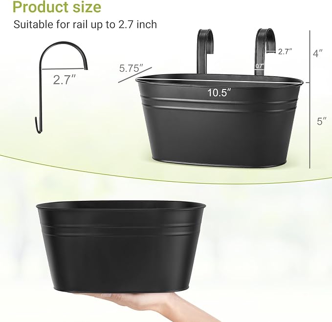 Dahey 10.5 Inch Metal Iron Hanging Flower Pots for Railing Fence Hanging Bucket Pots Countryside Style Window Flower Plant Holder with Detachable Hooks Home Decor,Black,5 Pcs