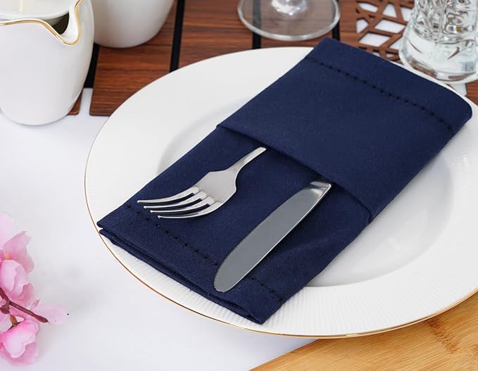 Blue Needles Navy Blue Hemstitch Linen Napkins Set of 12-100% Cotton Cloth Dinner Napkins 18x18 inches, Soft, Reusable, Absorbent, Washable Ideal for Spring Summer Easter Parties & Everyday Use
