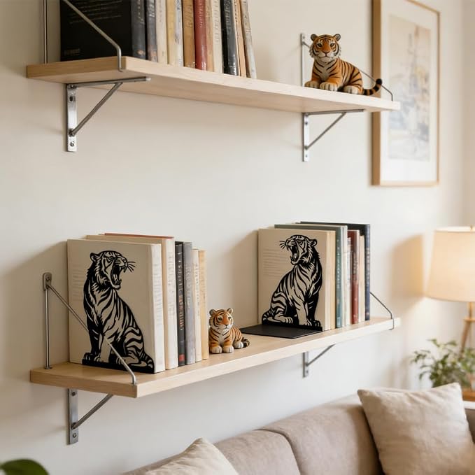 Peacoblue Metal Bookends for Shelves, Modern Decorative Heavy Duty Study Book Ends Stoppers for Office Desk Shelf, Room 5.3"x4.3"x7.6" Cast Iron Tall Bookends 1 Pair (Realistic Tiger)